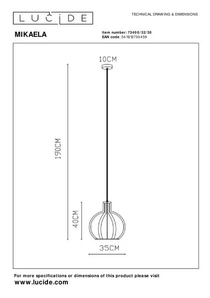 Lucide MIKAELA - Pendant light - Ø 35 cm - 1xE27 - Black - technical